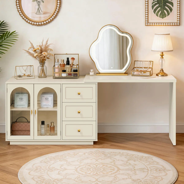 Yokota Extendable Makeup Vanity with 3 Drawers and 2 Acrylic Doors  Wooden Bazar
