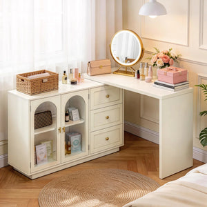 Yokota Extendable Makeup Vanity with 3 Drawers and 2 Acrylic Doors  Wooden Bazar