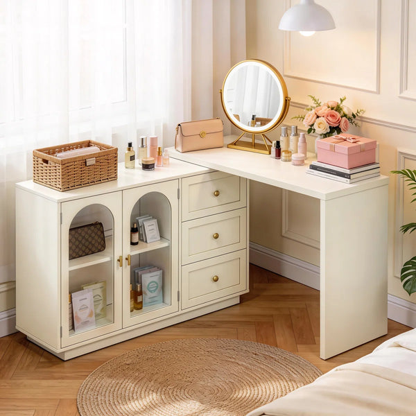 Yokota Extendable Makeup Vanity with 3 Drawers and 2 Acrylic Doors  Wooden Bazar