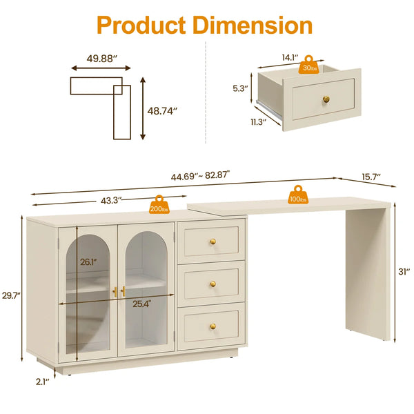 Yokota Extendable Makeup Vanity with 3 Drawers and 2 Acrylic Doors  Wooden Bazar