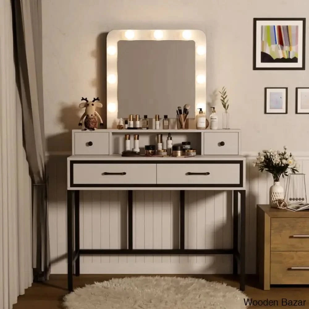 Abdulaleem Vanity Dressing Table With Lighted Mirror And Stool White