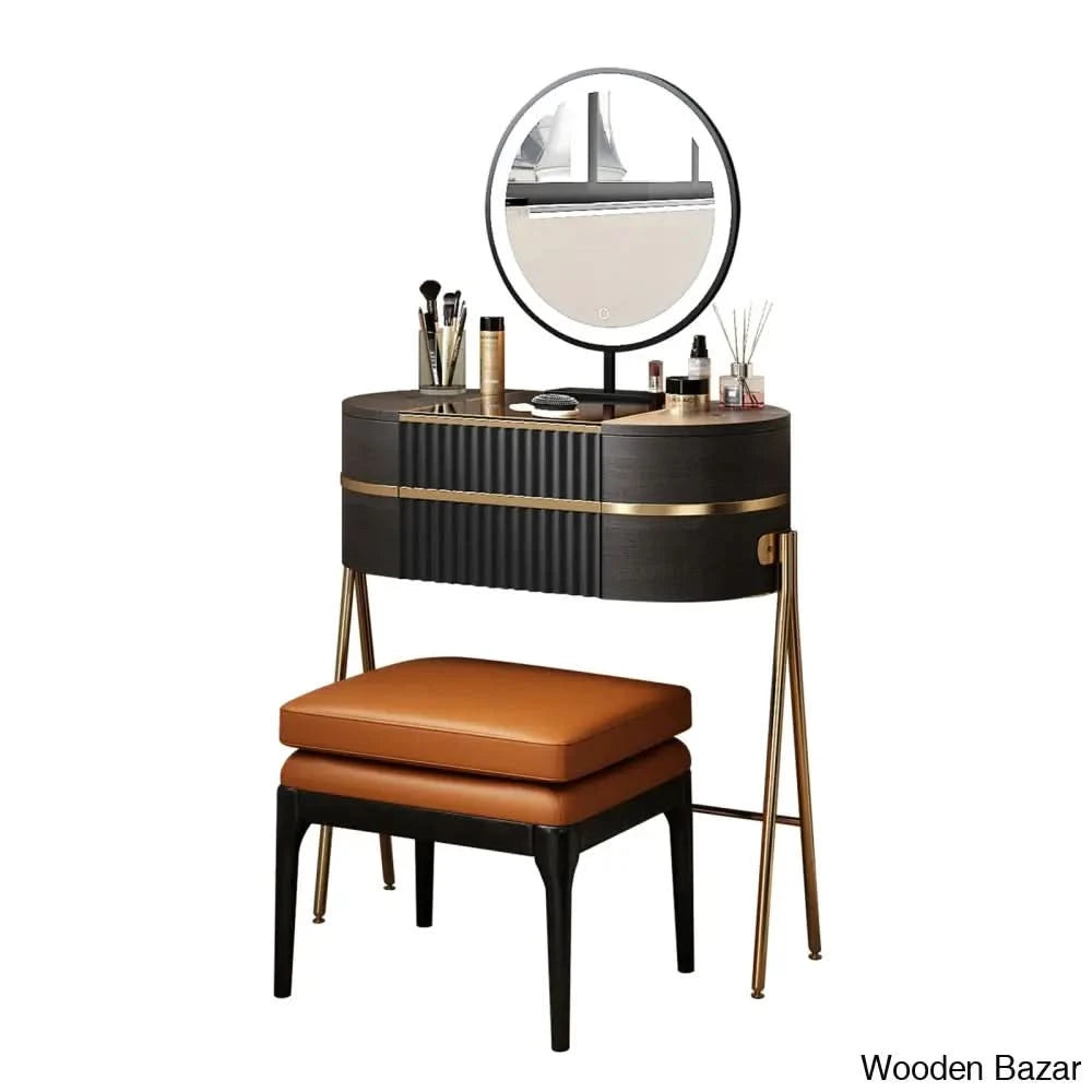 Adaisia Vanity Dressing Table With Mirror And Stool Gold/Black Brown