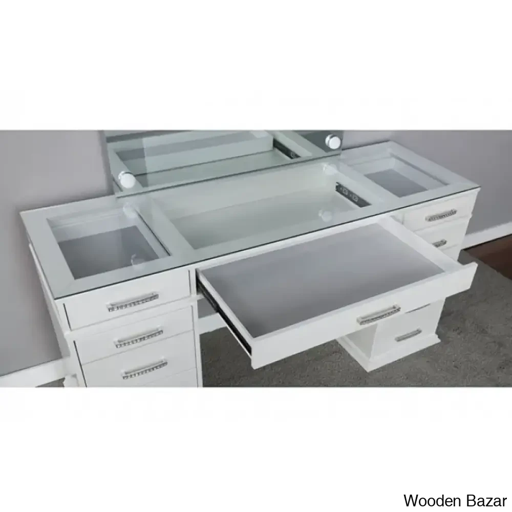 Addaly Vanity Dressing Table With Mirror Lights And Stool Luminous White