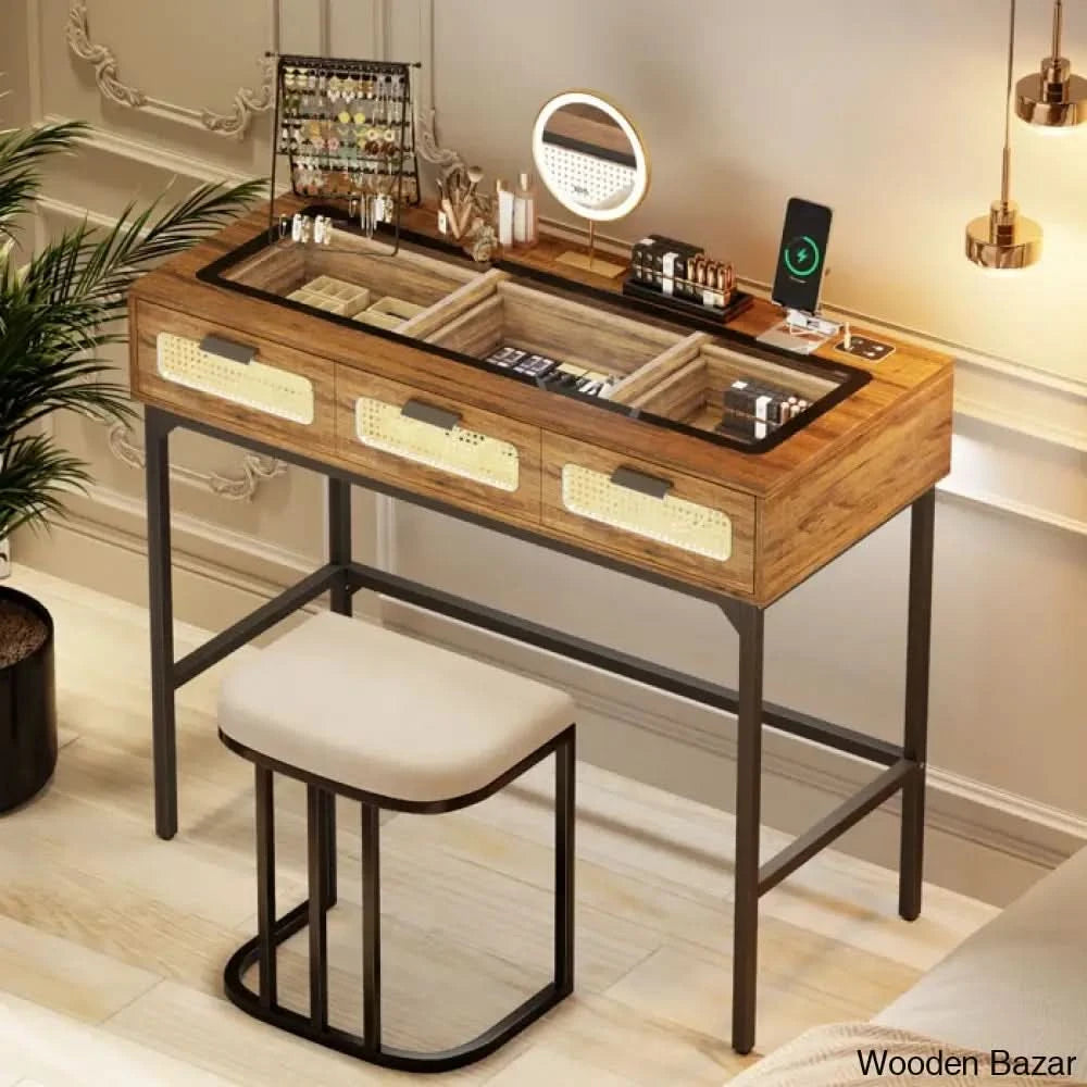 Ahlem 3 Drawer Vanity Dressing Table Dresser With Led Light Rustic Brown