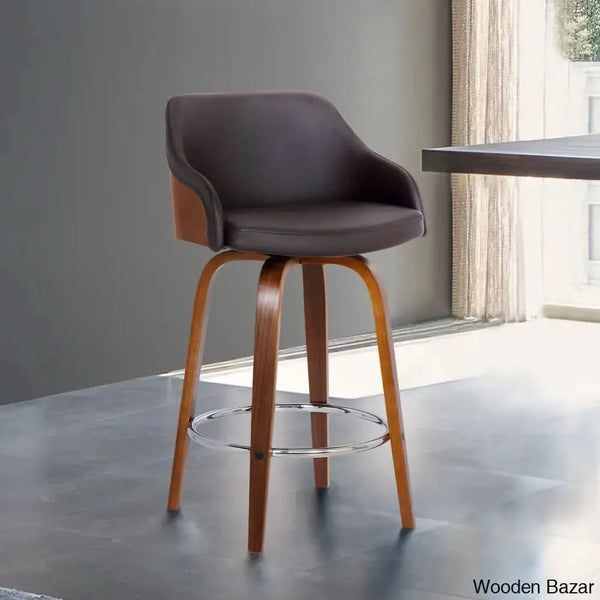 Aikene Swivel Counter Or Bar Height Stool With Arms In Faux Leather Plywood And Metal Footrest