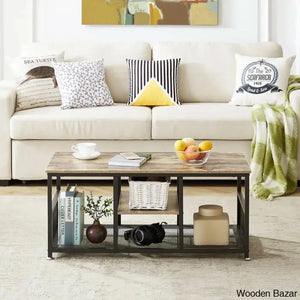 Alok Industrial Coffee And Center Table With Storage Shelf Cocktail Accent Furniture For Living Room