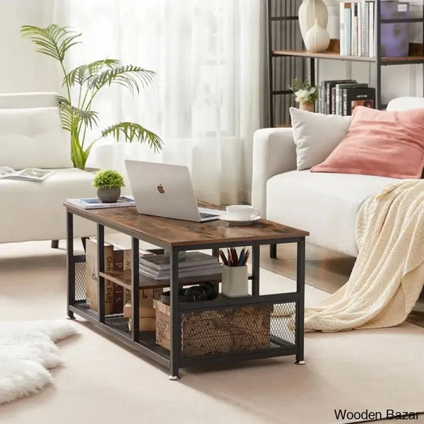 Alok Industrial Coffee And Center Table With Storage Shelf Cocktail Accent Furniture For Living Room