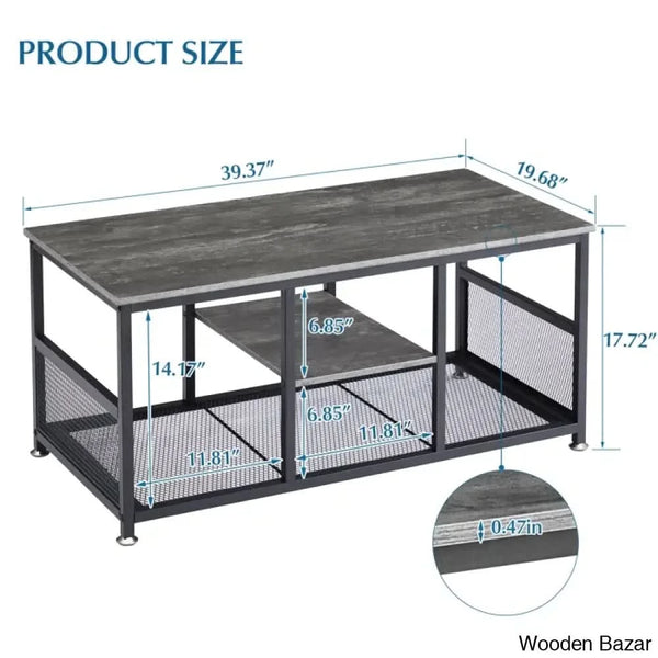 Alok Industrial Coffee And Center Table With Storage Shelf Cocktail Accent Furniture For Living Room