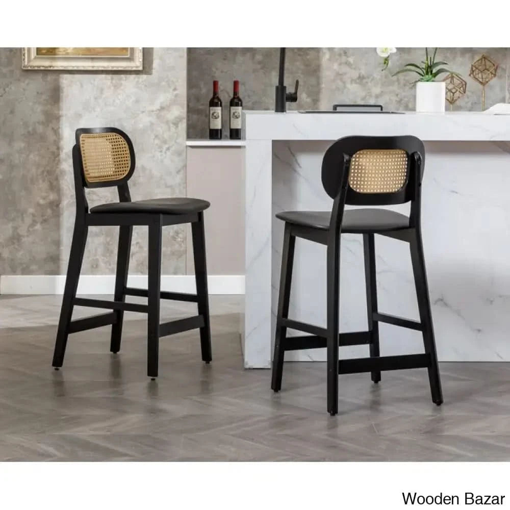 Azaraho Swivel Solid Wood 25.5’’ Counter And Bar Stool (Set Of 2) Black / Faux Leather-Black