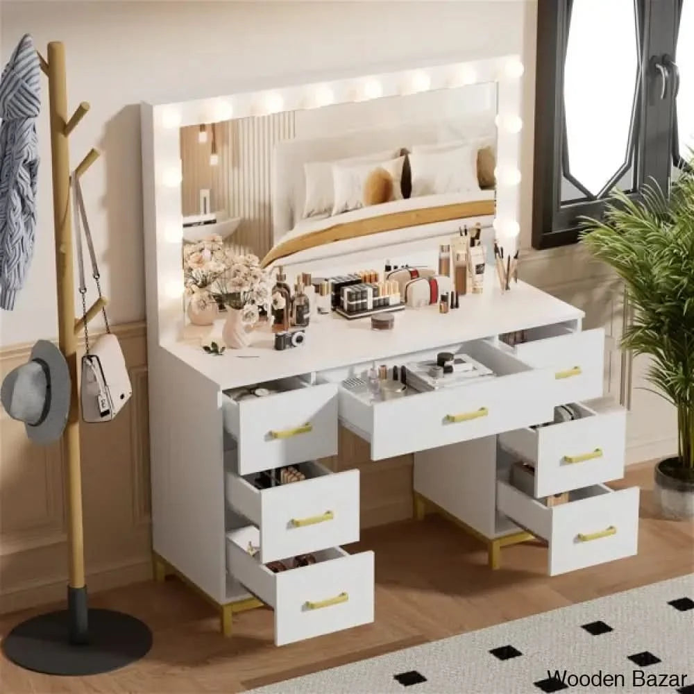 Azmira Large Makeup Vanity Dressing Table Set With Lighted Mirror