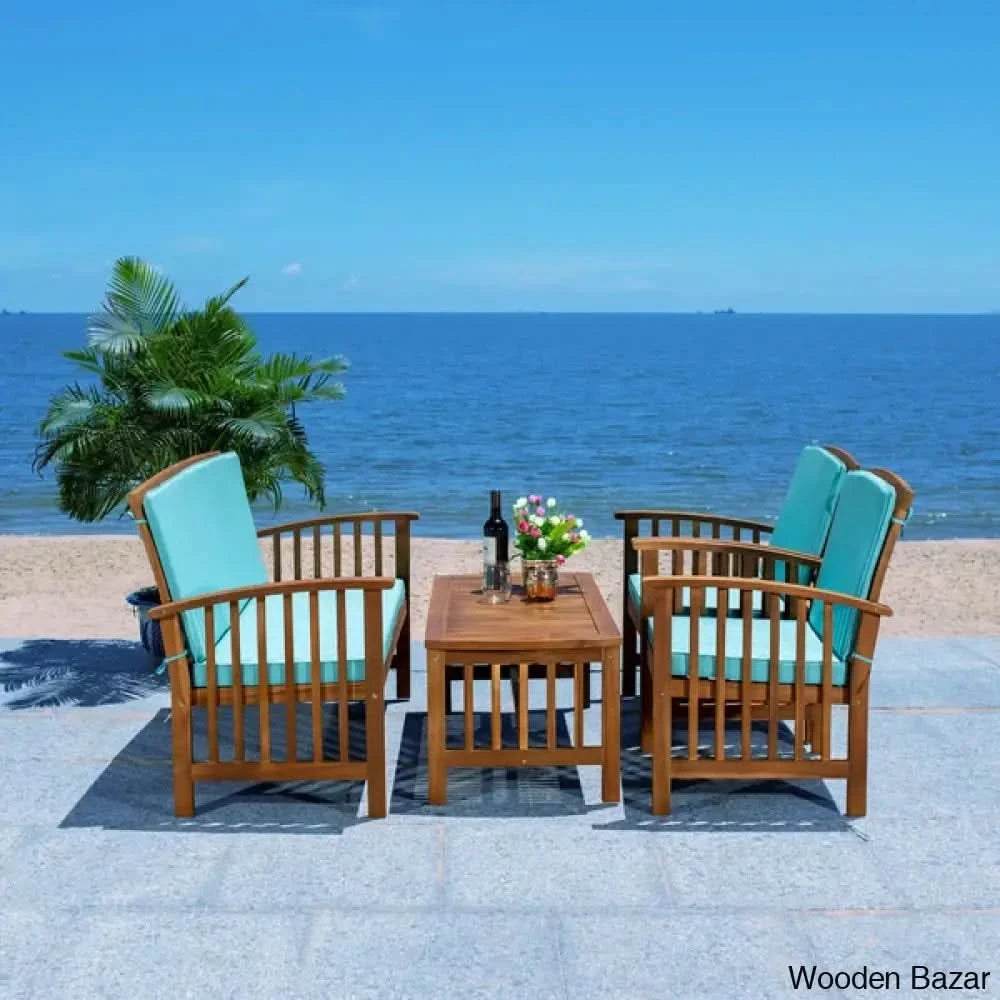 This balcony chair is crafted from solid acacia wood, and includes water-resistant cushions that are upholstered with a polyester blend, and can be removed and stored away when necessary.