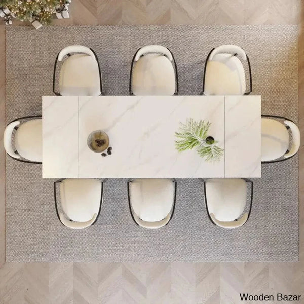 Barric Sintered Stone Table With 8 Luxurious Fabric Chairs - Wooden Bazar