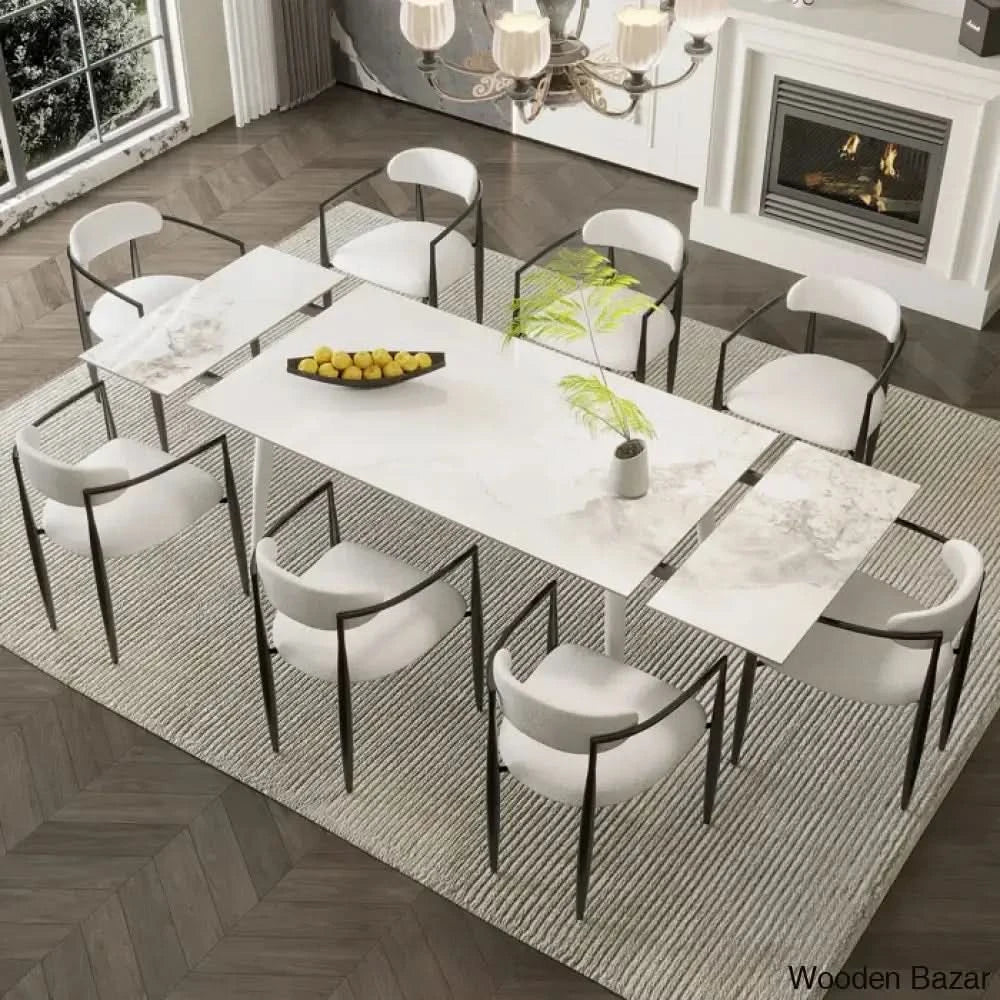 Barric Sintered Stone Table With 8 Luxurious Fabric Chairs - Wooden Bazar Chanel