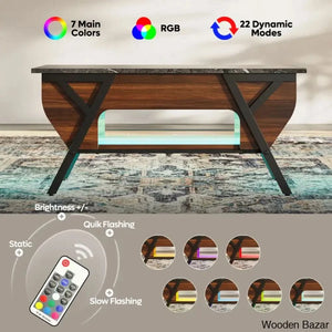 Benignon Lift Top Coffee And Center Table With Hidden Storage Faux Mable Led Light