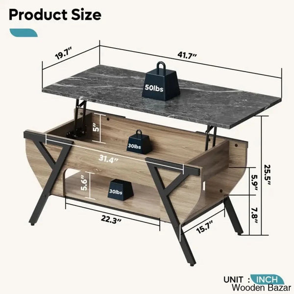 Benignon Lift Top Coffee And Center Table With Hidden Storage Faux Mable Led Light