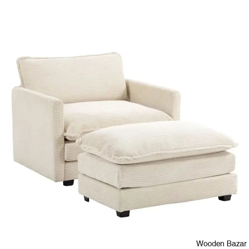 Blythe New Upholstered Corduroy Armchair With Ottoman - Wooden Bazar Beige