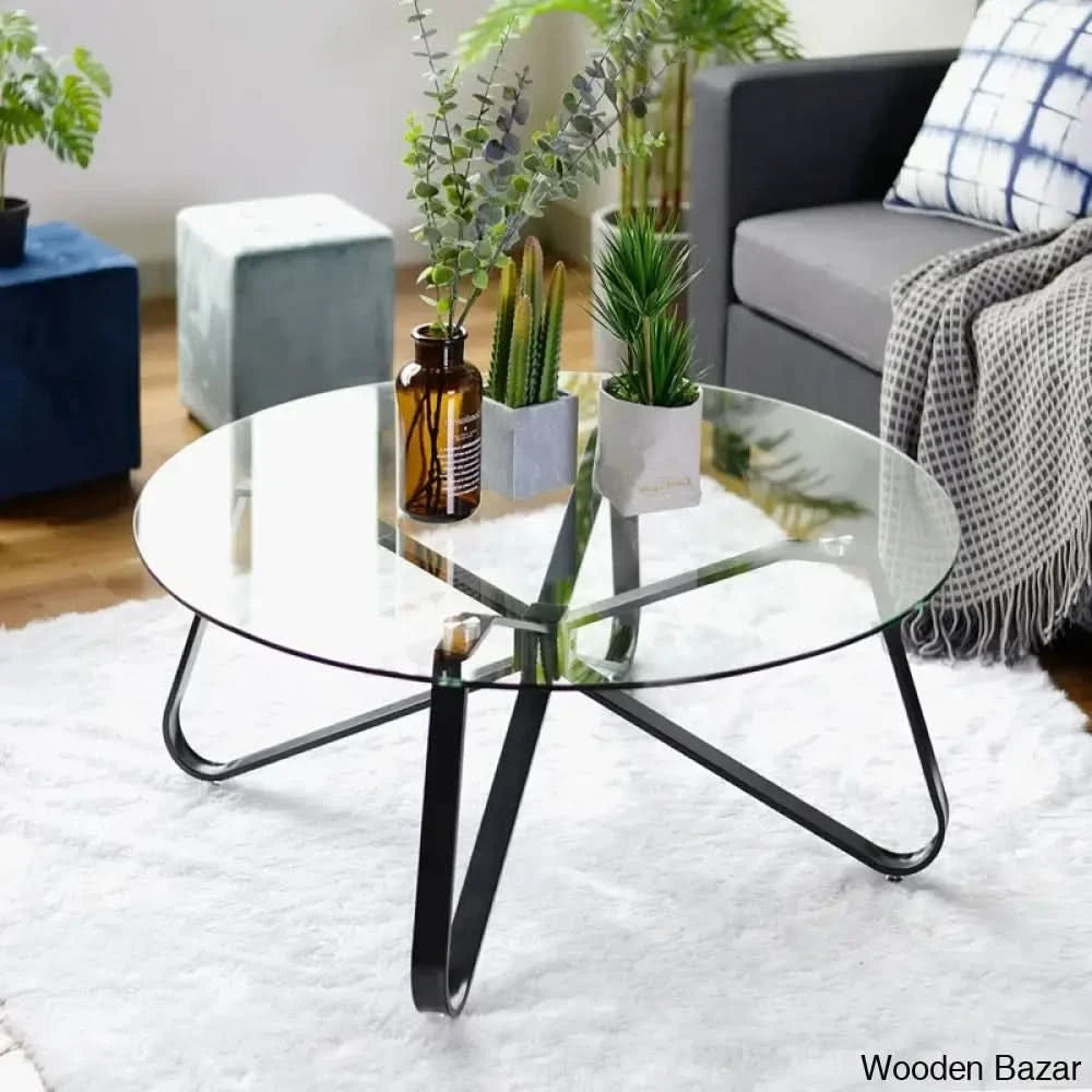 Bred 31.5’’ Round Glass Coffee And Center Table With Metal Frame Supported For Living Room