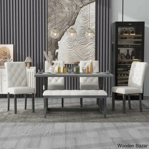 Burdette New 6 Seater Trestle Dining Set - Wooden Bazar
