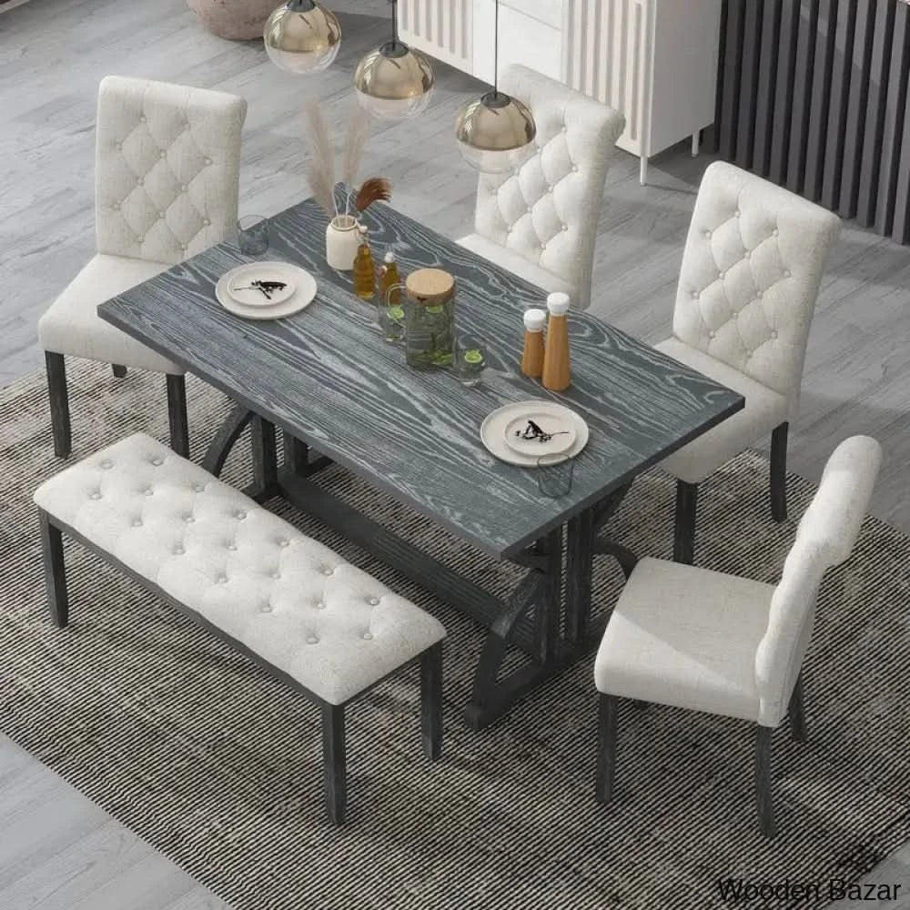 Burdette New 6 Seater Trestle Dining Set - Wooden Bazar Gray Wash