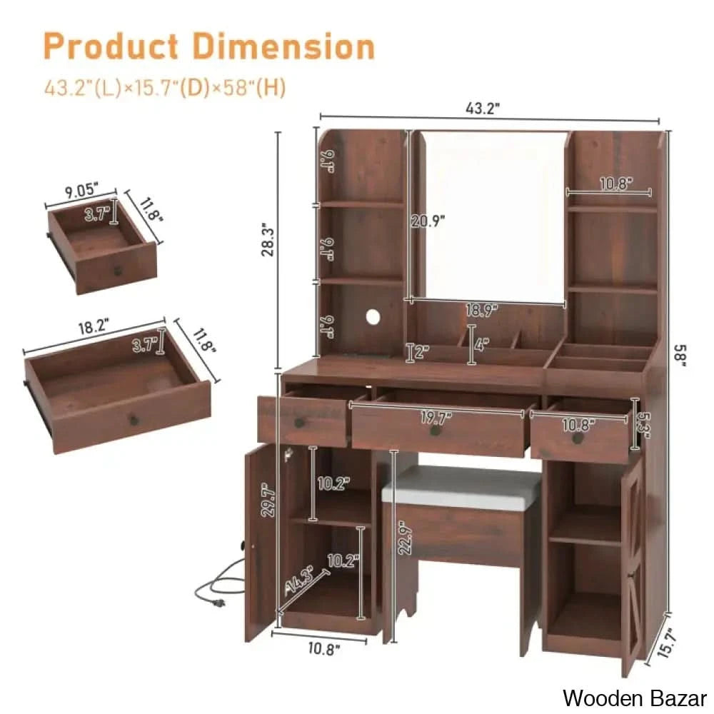 Caelin Makeup Vanity Dressing Table With Lighted Mirror Charging Station And Stool Brown