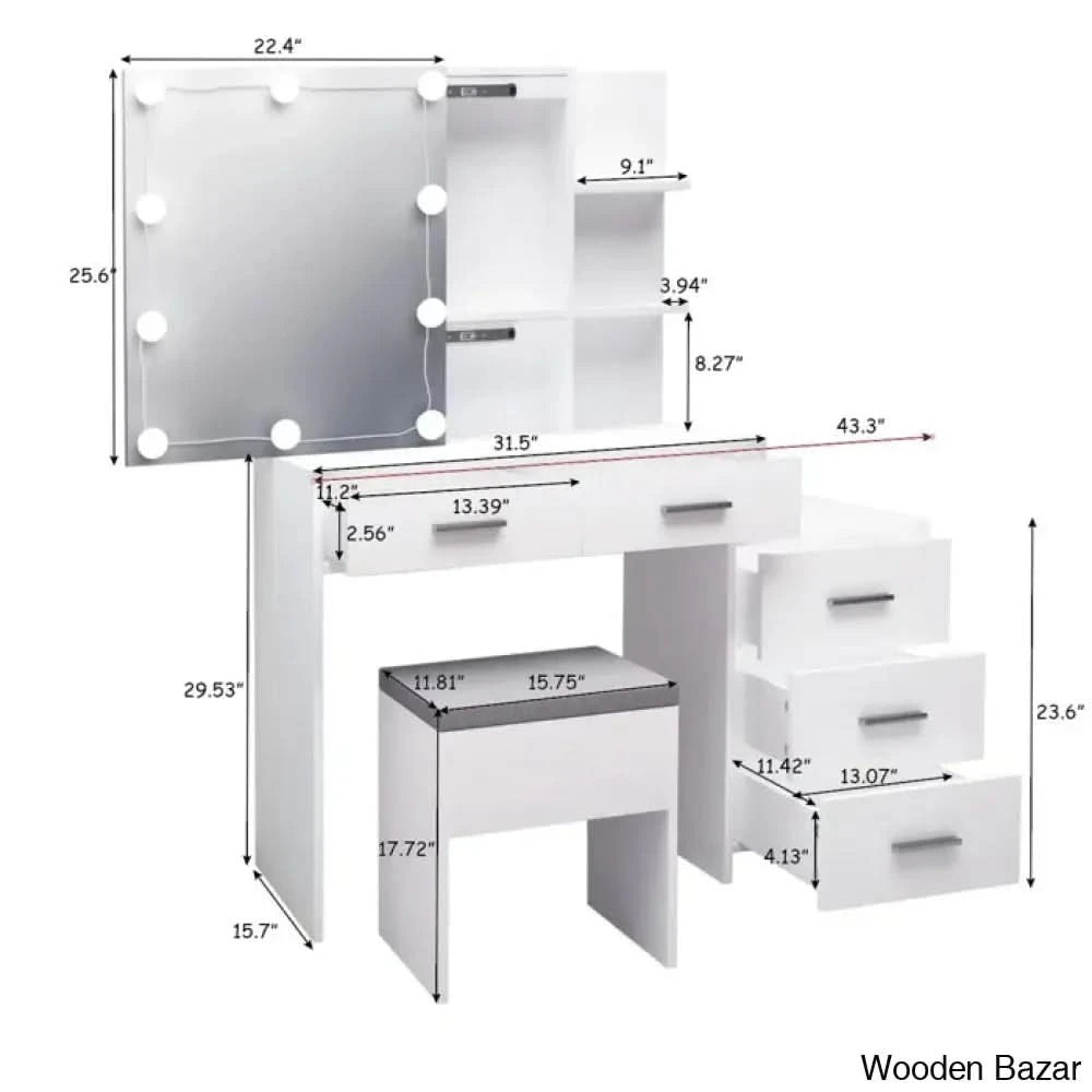 Calletano Makeup Vanity Dressing Table With Lighted Mirror And Stool