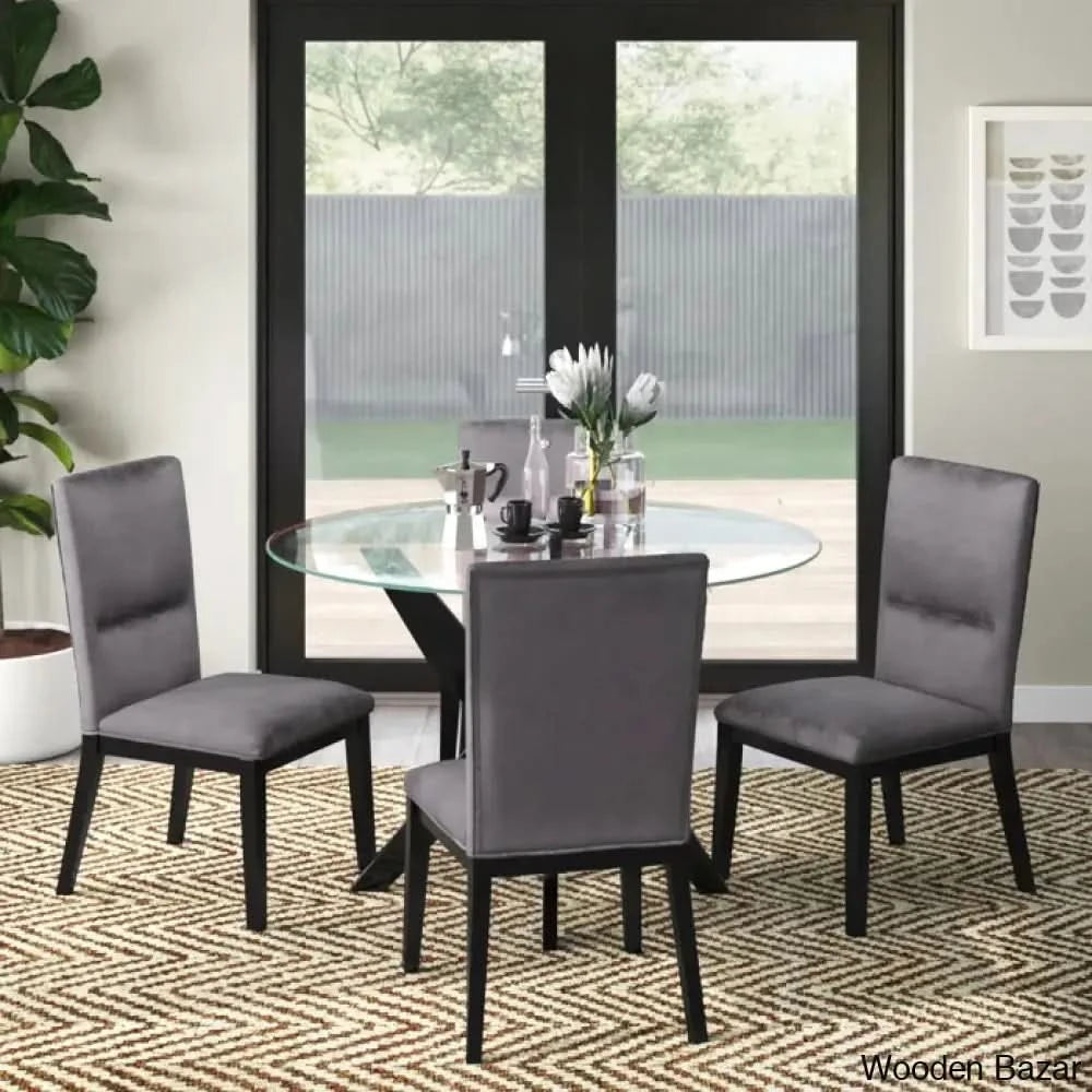 Caron 4 Seater Glass Top Pedestal Dining Set - Wooden Bazar Walnut Brown