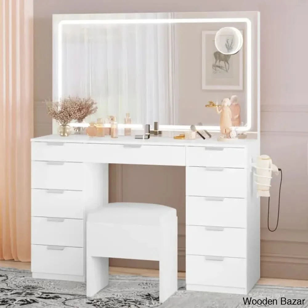 Cassanda 46’’ Vanity Dressing Table With Built-In Socket Illuminated Mirror And Hair Dryer Rack