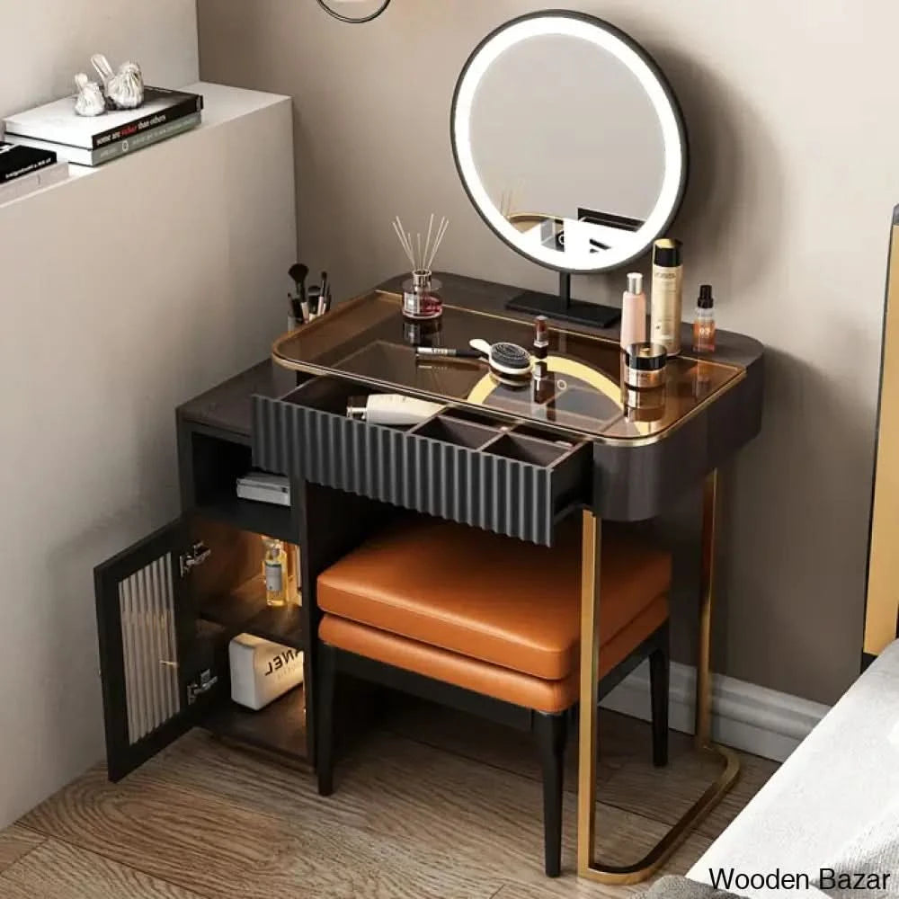 Claria Vanity Dressing Table With Mirror And Stool Brown/Black