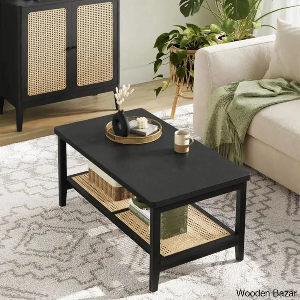 Coffee And Center Table With Pvc Rattan Storage Shelf