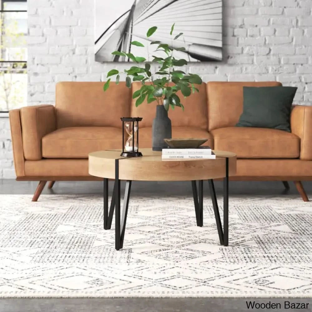 Corvallise Round Wood Side Coffee Table With Metal Hairpin Legs And Center Table