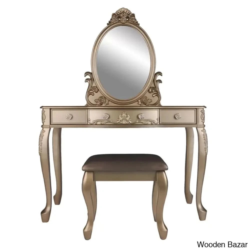 Daryell Vanity Dressing Table With Mirror And Stool Champagne