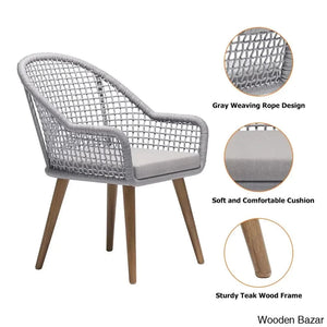 Dawn 6 Seater Teak And Concreate Round Dining Set With Gray Woven Arm Chairs