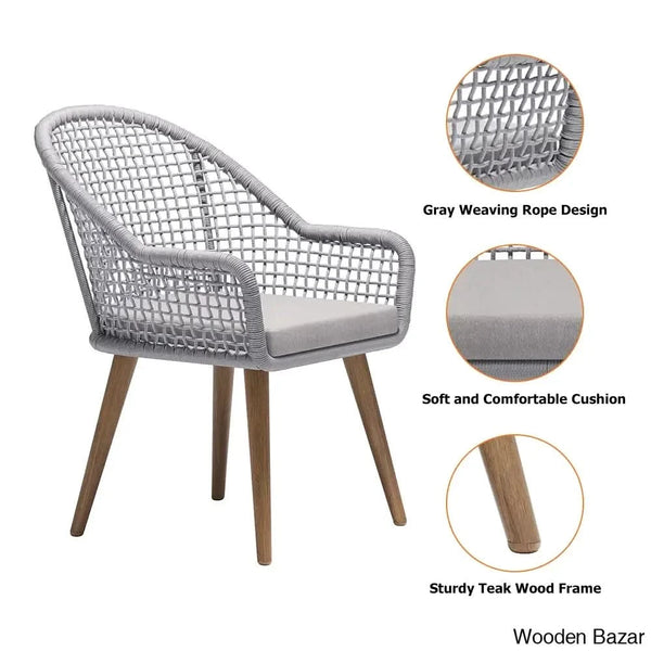 Dawn 6 Seater Teak And Concreate Round Dining Set With Gray Woven Arm Chairs
