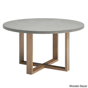Dawn 6 Seater Teak And Concreate Round Dining Set With Gray Woven Arm Chairs