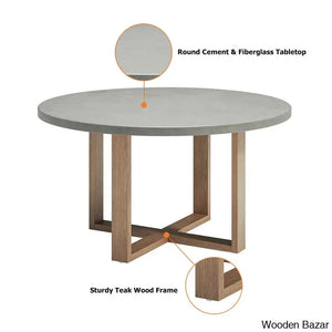 Dawn 6 Seater Teak And Concreate Round Dining Set With Gray Woven Arm Chairs