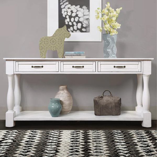 Long Wood Console Table with 3 Drawers & Bottom Shelf  Wooden Bazar
