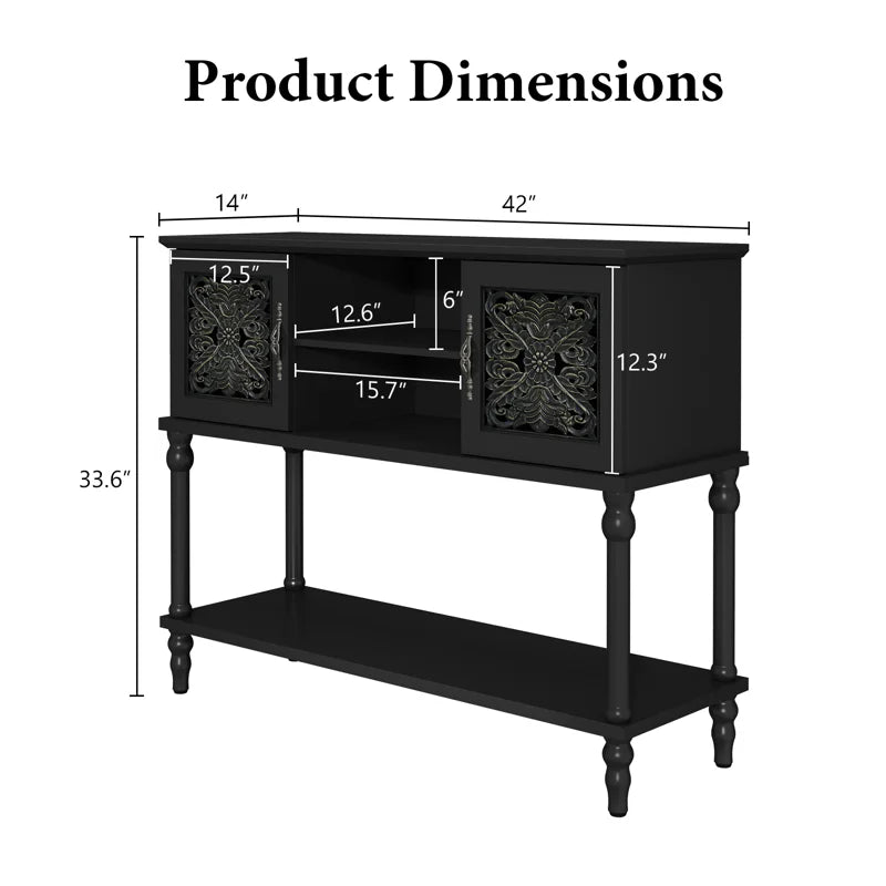 Hand-Carved Console Table with Solid Wood Legs & Open Shelf, Black  Wooden Bazar