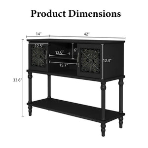 Hand-Carved Console Table with Solid Wood Legs & Open Shelf, Black  Wooden Bazar