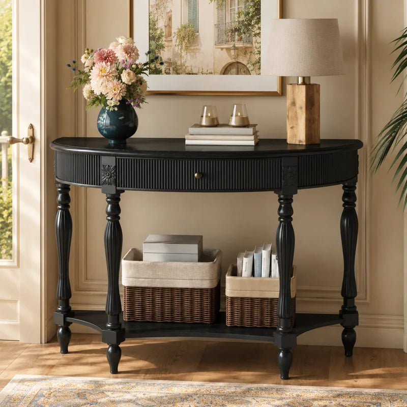 Half-Moon Console Table with Drawer & Bottom Shelf  Wooden Bazar