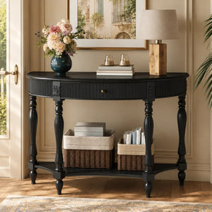 Half-Moon Console Table with Drawer & Bottom Shelf  Wooden Bazar