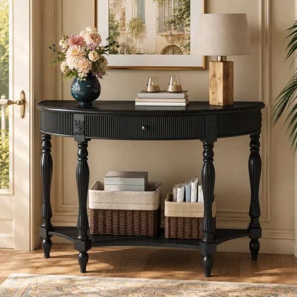 Half-Moon Console Table with Drawer & Bottom Shelf  Wooden Bazar