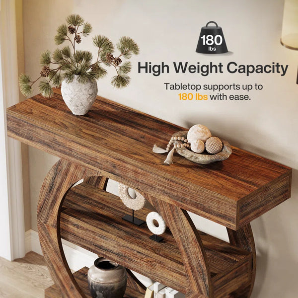 Farmhouse 3-Tier Console Table with Storage Shelves  Wooden Bazar