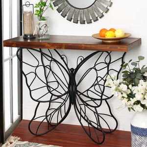 Solid Wood Console Table with Butterfly Iron Base  Wooden Bazar