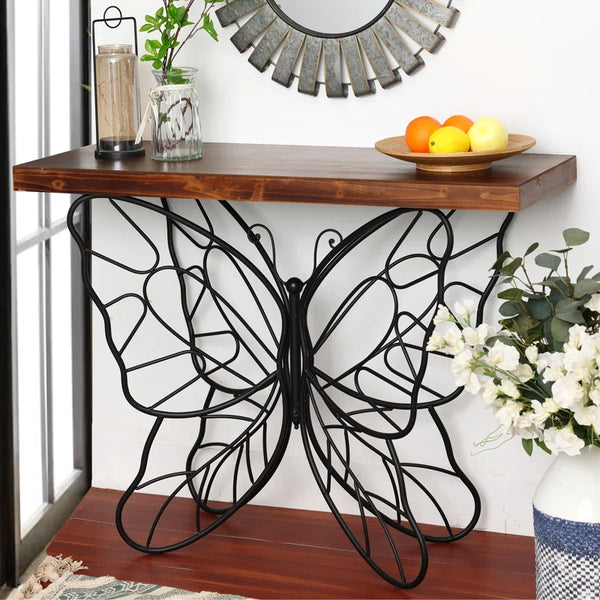 Solid Wood Console Table with Butterfly Iron Base  Wooden Bazar
