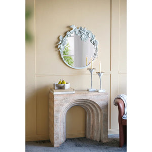Modern Arched Sculptural Console Table – Beige Faux Travertine Finish  Wooden Bazar