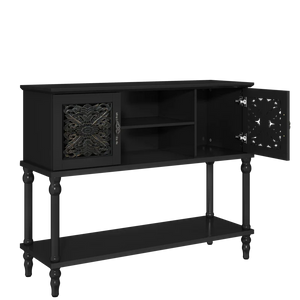 Hand-Carved Console Table with Solid Wood Legs & Open Shelf, Black  Wooden Bazar