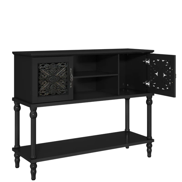 Hand-Carved Console Table with Solid Wood Legs & Open Shelf, Black  Wooden Bazar