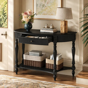 Half-Moon Console Table with Drawer & Bottom Shelf  Wooden Bazar