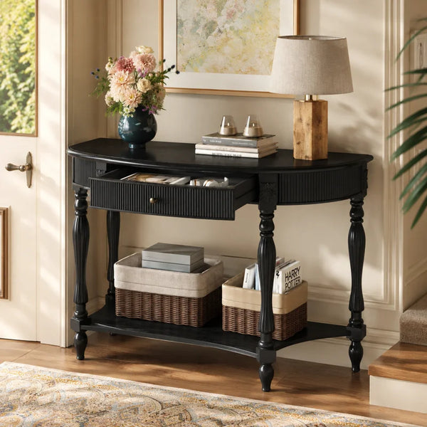 Half-Moon Console Table with Drawer & Bottom Shelf  Wooden Bazar