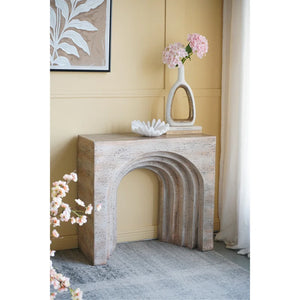 Modern Arched Sculptural Console Table – Beige Faux Travertine Finish  Wooden Bazar